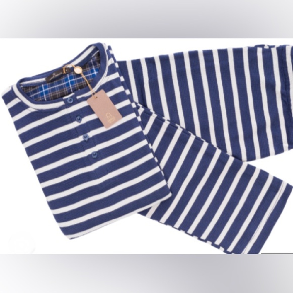⚡️Noble Mount Men's Waffle Knit Henley Lounge Set -Stripes Navy/Heather Grey